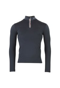 Langemouwen sporttop in donkergrijs met een hoge kraag en een halve rits. Beschikt over contrasterende stiksels en een gladde, rekbare stoftextuur.