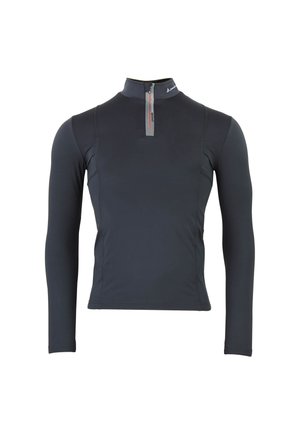 Langemouwen sporttop in donkergrijs met een hoge kraag en een halve rits. Beschikt over contrasterende stiksels en een gladde, rekbare stoftextuur.