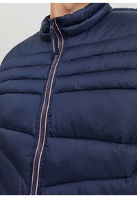 Giacca imbottita navy caratterizzata da sezioni a cucitura orizzontale, un colletto alto e una zip frontale con bordo ricamato in rosso e bianco.