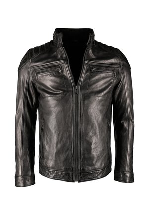 Czarna skórzana kurtka z wysokim kołnierzem, zapinana na zamek z przodu oraz wieloma kieszeniami zapinanymi na zamek. Teksturowana powierzchnia z akcentami na ramionach.