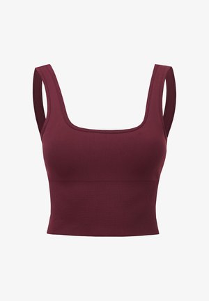 Camiseta recortada sin mangas en burdeos oscuro con tirantes anchos y escote cuadrado.