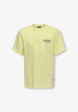 T-shirt jaune clair à manches courtes avec le texte "BARBADOS Tropicale" imprimé sur le côté gauche de la poitrine.