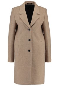 Cappotto lungo in misto lana beige con ampie revers, tre bottoni neri e due tasche frontali, progettato per il freddo.