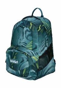 Zaino geometrico nei toni del verde e del blu con una tasca anteriore con zip e tasca laterale in rete. Tessuto resistente e spallacci imbottiti per il comfort.