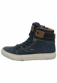 Marineblaue High-Top-Sneaker mit braunen Akzenten, hergestellt aus glattem Leder und Wildleder. Verfügt über eine weiße Gummisohle und ein Schnürdesign mit Logo.