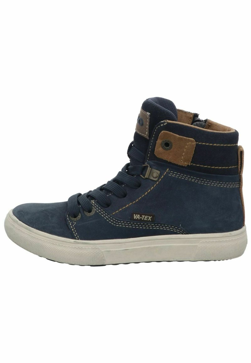 Marineblaue High-Top-Sneaker mit braunen Akzenten, hergestellt aus glattem Leder und Wildleder. Verfügt über eine weiße Gummisohle und ein Schnürdesign mit Logo.