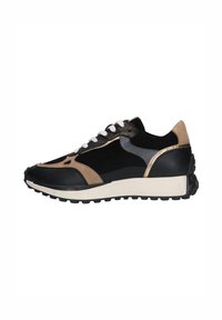 Sneakers van zwart leer en suède met bruine en grijze accenten. Witte veters, een gestructureerde zool en een strak ontwerp.