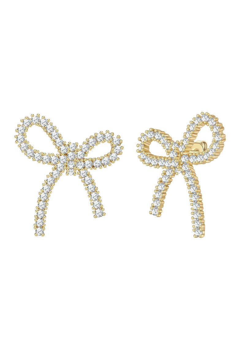 Zelta tonī veidotas auskari, kas veidoti kā lentītes, rotāti ar caurspīdīgiem rhinestones, ar cilpām un astēm, radot delikātu dizainu.