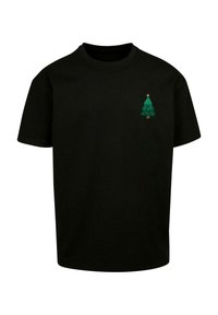 Sort bomulds T-shirt med rund hals. Har et lille, broderet grønt juletrædesign på venstre brystområde.