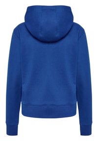Blaues Kapuzensweatshirt mit glatter Textur, gerippten Bündchen und Saum. Verfügt über eine zentrale Naht auf der Kapuze und ein sauberes, minimalistisches Design.