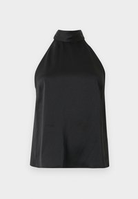 Sort ærmeløs halterneck top med høj krave, lavet af tekstureret stof. Glat overflade med en løs pasform og draperet design.