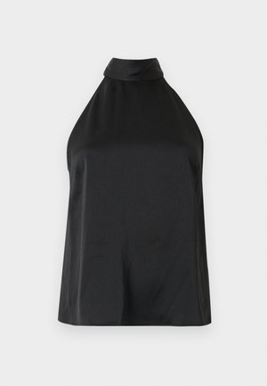 Haut sans manches noir en col montant, fabriqué dans un tissu texturé. Surface lisse avec une coupe ample et un design drapé.
