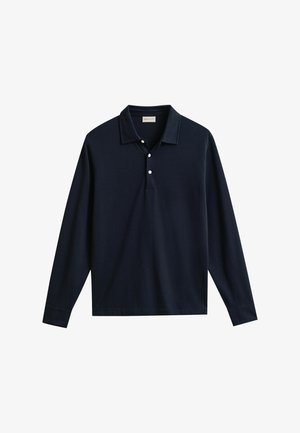 Marineblauwe lange mouwen polo met een kraag en drie witte knopen op de klep.