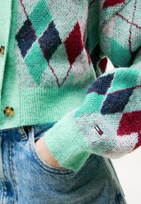 Cardigan verde in maglia con un motivo a rombi in rosso, navy e blu chiaro. Presenta bottoni dorati e polsini a costine. Indossato sopra jeans blu.