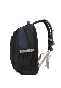 Zaino nero e blu navy con diversi scompartimenti con zip, dettagli in rete e spallacci beige regolabili. Superficie testurizzata per una maggiore durata.