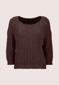 Brauner, locker gestrickter Pullover mit weitem Ausschnitt und langen Ärmeln. Hat ein strukturiertes Muster und eine lockere Passform.