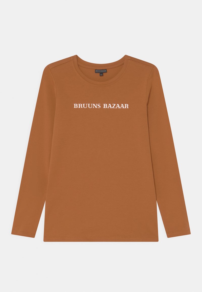 T-shirt de mangas longas castanho, feita de tecido macio. Apresenta um decote redondo e o texto "BRUUNS BAZAAR" em branco na parte frontal.