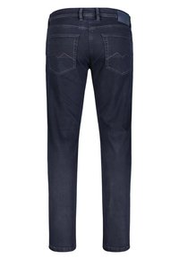 Jean en denim foncé avec une coupe droite, comportant deux poches arrière avec des coutures décoratives et une étiquette de taille contrastante.