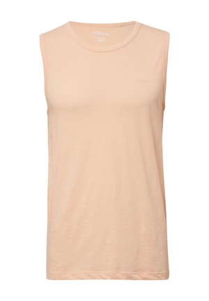Blasspfirsichfarbenes ärmelloses T-Shirt aus weichem Stoff, mit Rundhalsausschnitt und dezentem Logo-Detail auf der Brust.