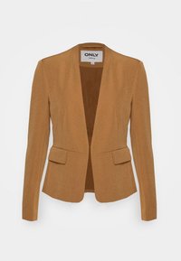 Ruskea räätälöity bleiseri, jossa on lovellinen kaulus, avoin etuosa ja kaksi etupussia. Valmistettu teksturoidusta, kevyestä kankaasta.