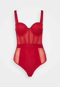 Roter Body mit gepolsterten Cups, durchsichtigen Mesh-Seiten und einem glatten Stoffunterteil. Mit verstellbaren Trägern und einer taillierten Passform.