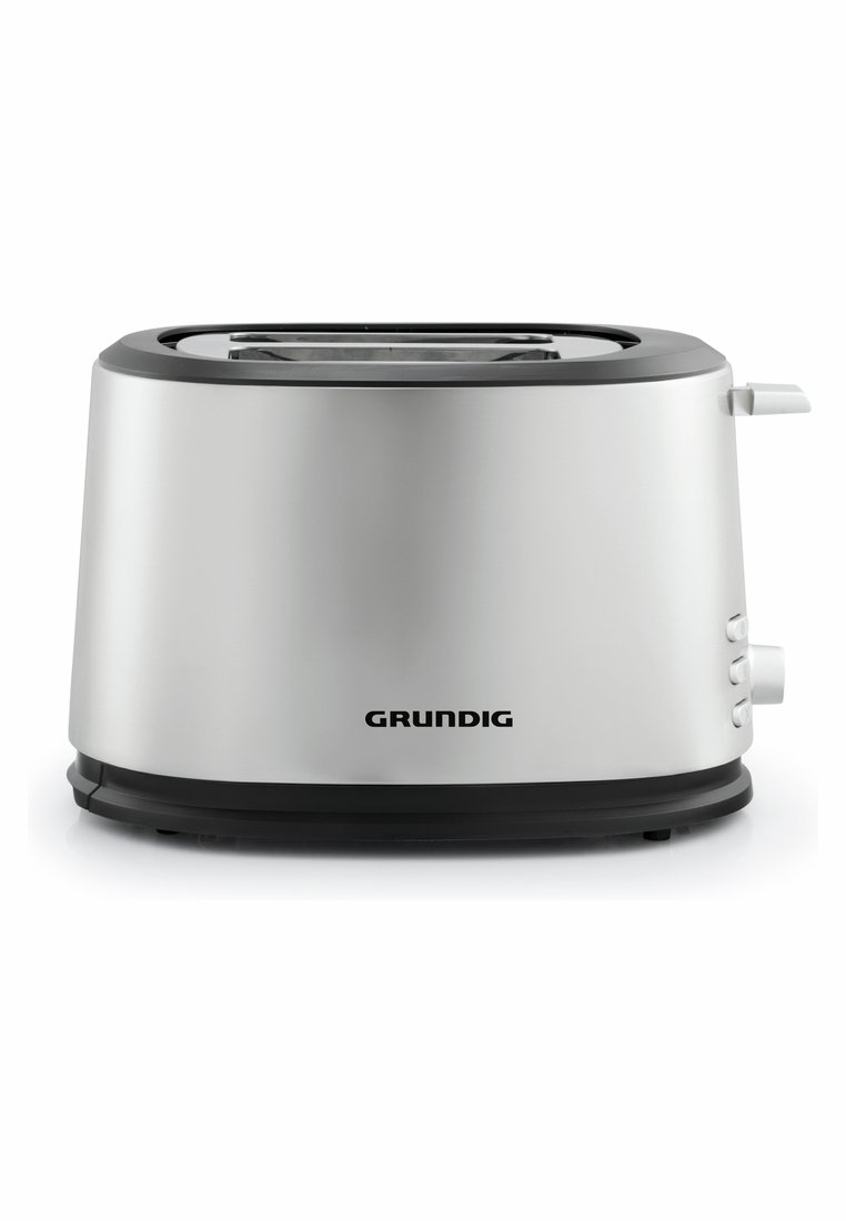 Silberner Toaster aus Edelstahl mit schwarzem Sockel, breitem Schlitz, Drehreglern und einem glatten, runden Design. Markenlogo sichtbar.