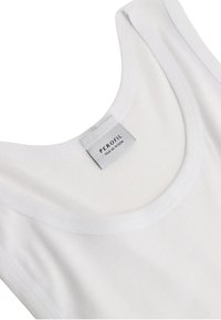 Top bianco senza maniche con scollatura rotonda e tessuto morbido e liscio. Include un'etichetta con il marchio "PEROFIL Filo di Scozia".