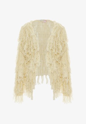 Franje crème-kleurige cardigan gemaakt van gestructureerd garen, met een open voorkant, een losse pasvorm en ingewikkelde haakdetails.