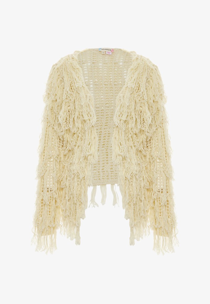 Fransen Cardigan in cremfarbener Farbe aus strukturiertem Garn, mit offenem Schnitt, lockerer Passform und aufwendigen Häkel-Details.