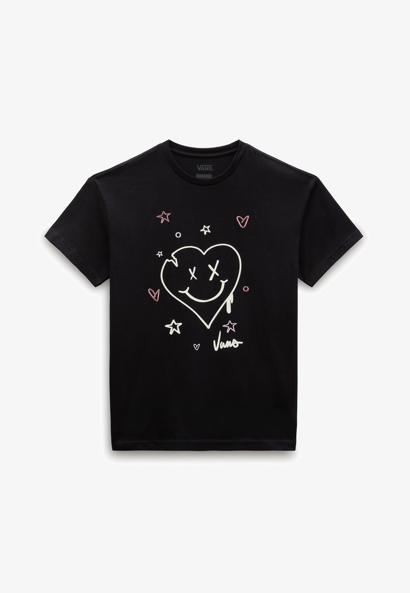 T-shirt noir Vans avec un grand cœur souriant blanc contouré avec des yeux en X, entouré d'étoiles roses et blanches et de petits cœurs.