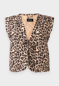 Mouwloze gewatteerde vest met luipaardprint, V-hals en voorknoopsluiting in beige, bruin en zwarte tinten.