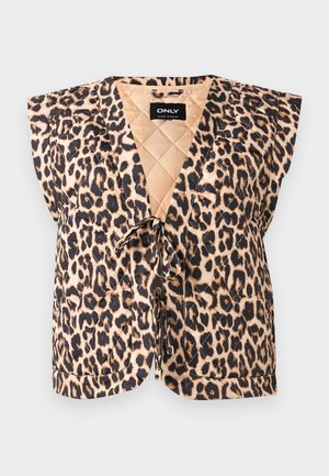 Gilet sans manches rembourré avec un motif léopard, col en V et fermetures à nœud à l'avant dans des tons beiges, marron et noir.