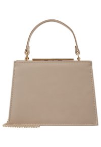 Beżowa torba na ramię o strukturalnym kształcie, z gładkiego, sztucznego materiału skórzanego, z górnym uchwytem i odpinanym złotym łańcuchem na ramię. Brak widocznych wzorów lub akcentów.