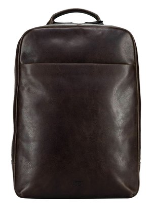Dark brown leather backpack with a top handle, smooth texture, and subtle brand logo at the bottom center.
