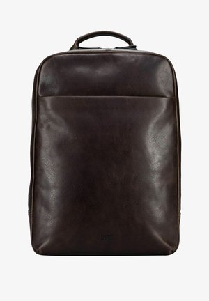 Dark brown leather backpack with a top handle, smooth texture, and subtle brand logo at the bottom center.