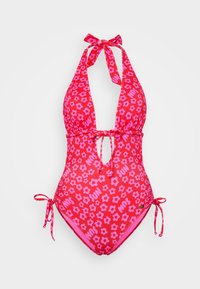 Ροζ λουλουδένιο μονό κομμάτι μαγιό με λαιμόκοψη τύπου halter, ανοιχτό μπροστά και λεπτομέρειες δέσιμου. Περιλαμβάνει λουλουδάτα μοτίβα και έντονα χρώματα στην επιγραφή.