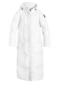 Giacca a vento puffer bianca lunga con cappuccio, caratterizzata da un taglio dritto, design trapuntato e tasche laterali. Decorata con un dettaglio del logo nero sulla manica.