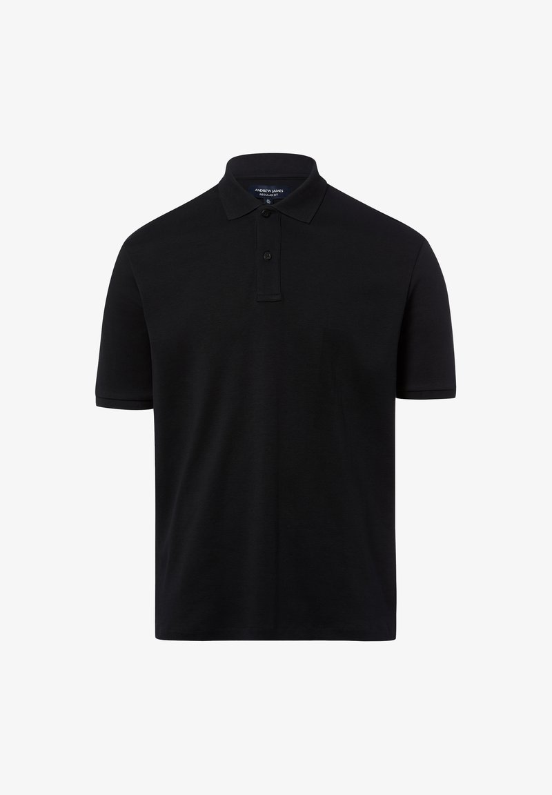 Czarna koszulka polo z krótkim rękawem, dwoma guzikami i kołnierzykiem, na białym tle.