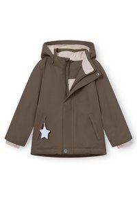 Bruine, geïsoleerde jas met een capuchon, lichtbeige voering, twee voorkruisen en een blauwe stervormige accent op de ritssluiting.