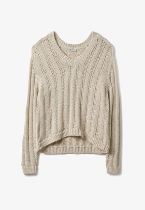 Beiger, gestrickter Pullover mit V-Ausschnitt, der eine vertikale Rippenstruktur und eine verkürzte, lockere Passform aufweist. Lange Ärmel mit gerippten Bündchen.