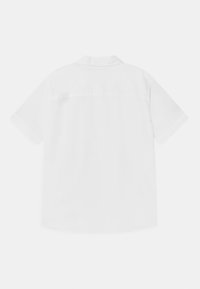 Short-sleeve shirt in solid white cotton, featuring a classic collar and a straight hem, with a smooth texture and no visible patterns.