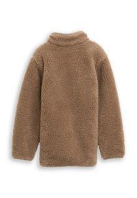 Bruine fleece pullover met een hoge kraag, textuur, lange mouwen en een relaxte pasvorm. Geen zichtbare sluitingen of versieringen.