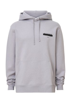 Hellgraue Kapuzenpullover aus weichem Stoff, mit einer Vordertasche, gerippten Bündchen und einem schwarzen Logo-Graphic auf der Brust. Verstellbare Kapuze mit Kordelzug.
