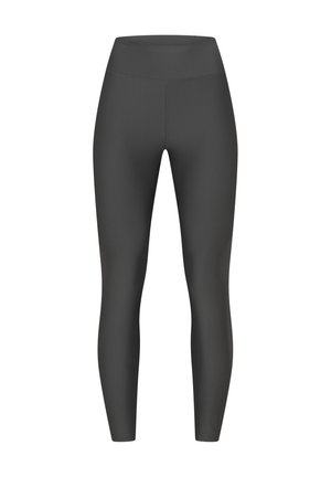 Leggings a coste grigio scuro con una vita alta, caratterizzati da una texture liscia e un design aderente che si restringe fino alle caviglie.