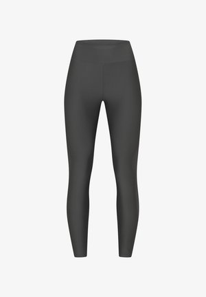 Donkergrijze geribbelde leggings met een hoge tailleband, met een gladde textuur en een aansluitend ontwerp dat naar de enkels toe taps toeloopt.