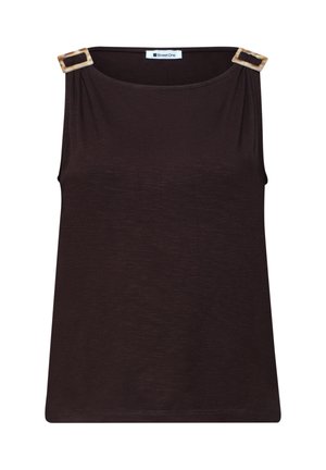 Mouwloze donkerbruine top met brede halslijn en rechthoekige gesp met schildpadmotief op elke schouder.