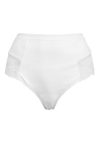 Hoge taille witte onderbroek van zacht katoen met ingewikkelde kantaccenten aan de zijkanten, met een gladde textuur en een naadloos ontwerp.
