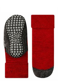 Calze rosse con una suola grigia testurizzata dotata di punti di presa bianchi, un risvolto pieghevole e una finitura in maglia liscia. Modello FALKE 27128.
