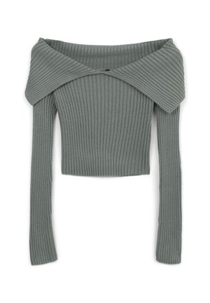 Grauer gerippter Strick-Langarm-Crop-Top mit weitem, umgeschlagenem Off-Shoulder-Ausschnitt und figurbetonter Silhouette.