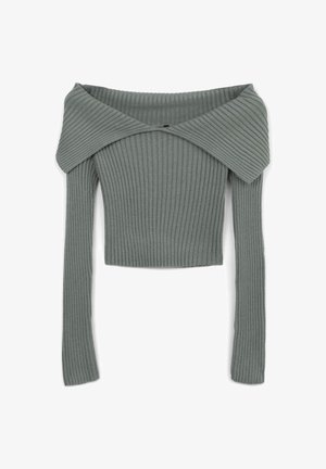 Grauer gerippter Strick-Langarm-Crop-Top mit weitem, umgeschlagenem Off-Shoulder-Ausschnitt und figurbetonter Silhouette.